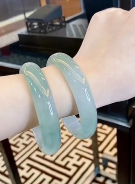 飘花翡翠手镯缅甸糯冰种半山半水玉手镯浅绿油青玉石镯子少女送礼