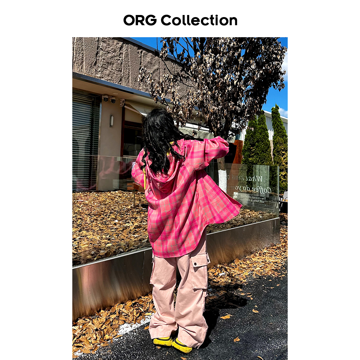 ORG Collection美式复古街头连帽粉色格子衬衫女春秋款宽松外套潮 - 图1