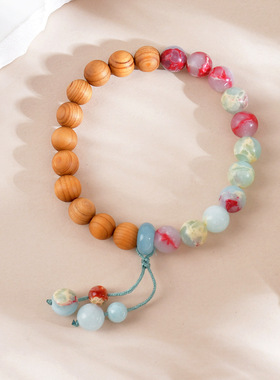 木质复古绿檀手串寿山石叠戴天然