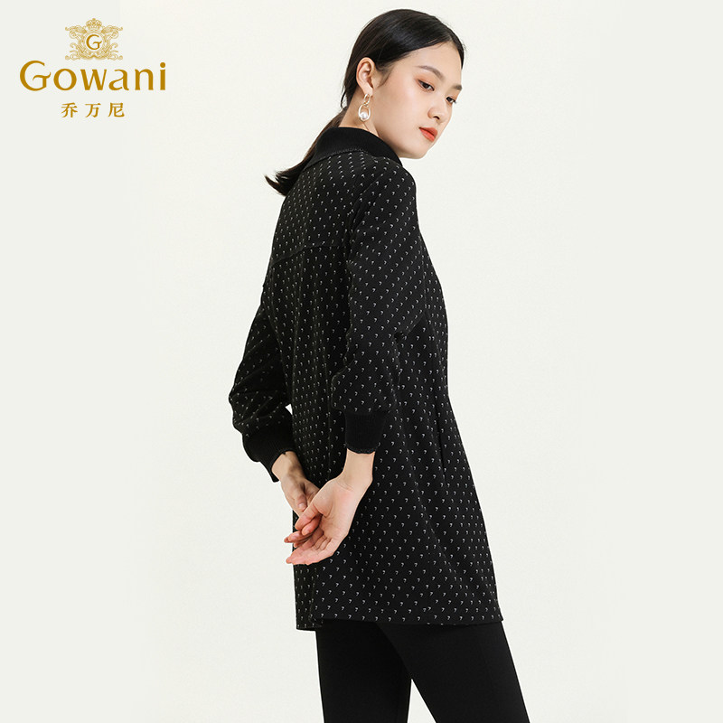 乔万尼商场秋装新款羊毛呢提花O型黑色显瘦百搭印花中领连衣裙