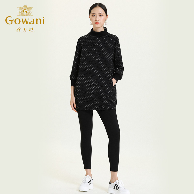 乔万尼商场秋装新款羊毛呢提花O型黑色显瘦百搭印花中领连衣裙