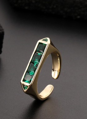 复古祖母绿人工宝石金属开口戒指