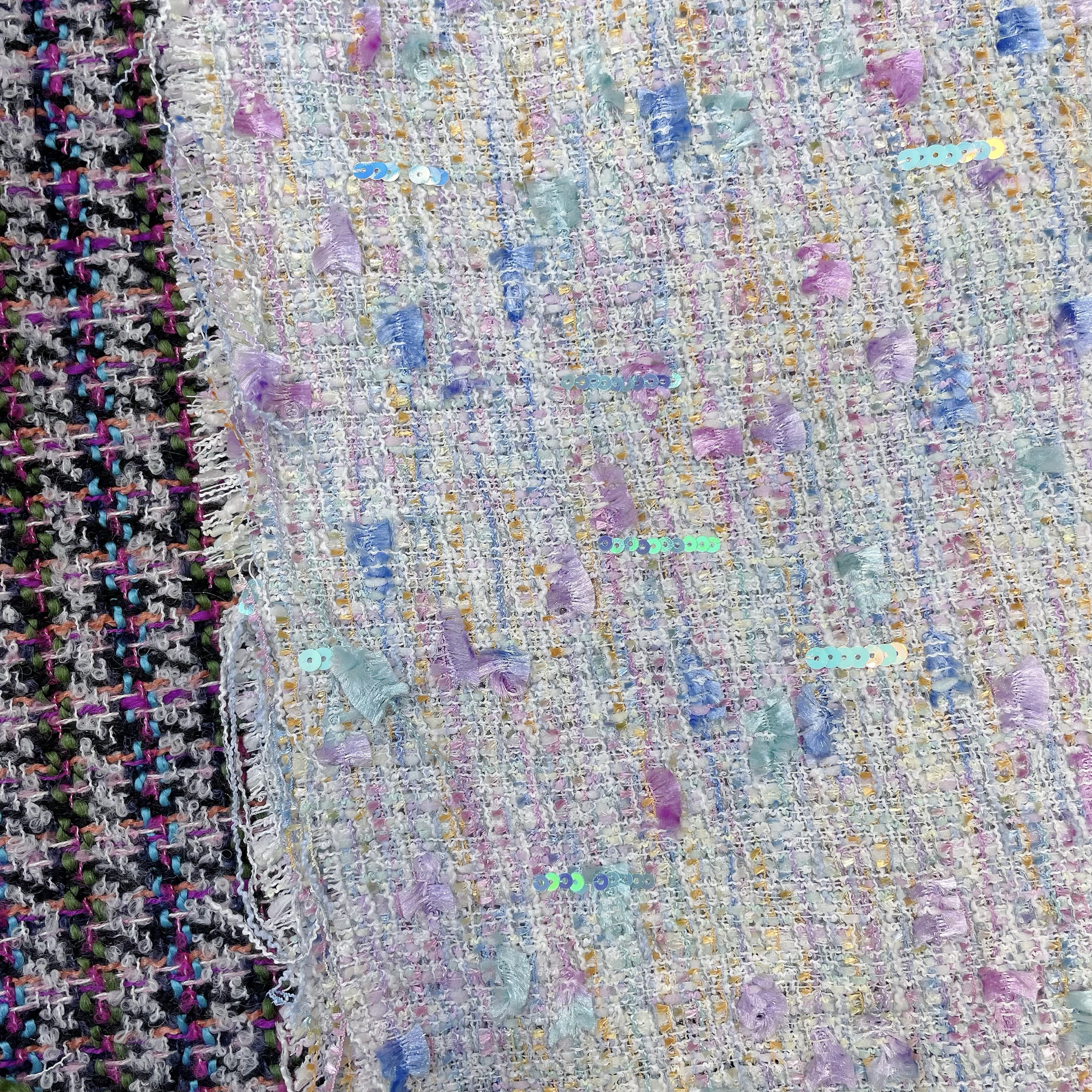 小香风布料 lint0n同款 莫奈花园珠片时尚编织混纺粗花呢服装面料 - 图1