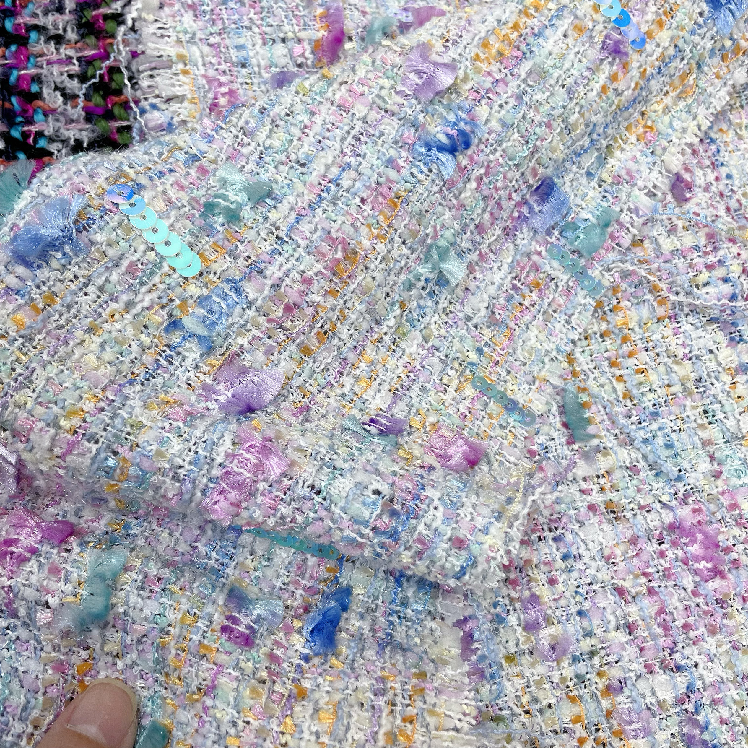 小香风布料 lint0n同款 莫奈花园珠片时尚编织混纺粗花呢服装面料 - 图0