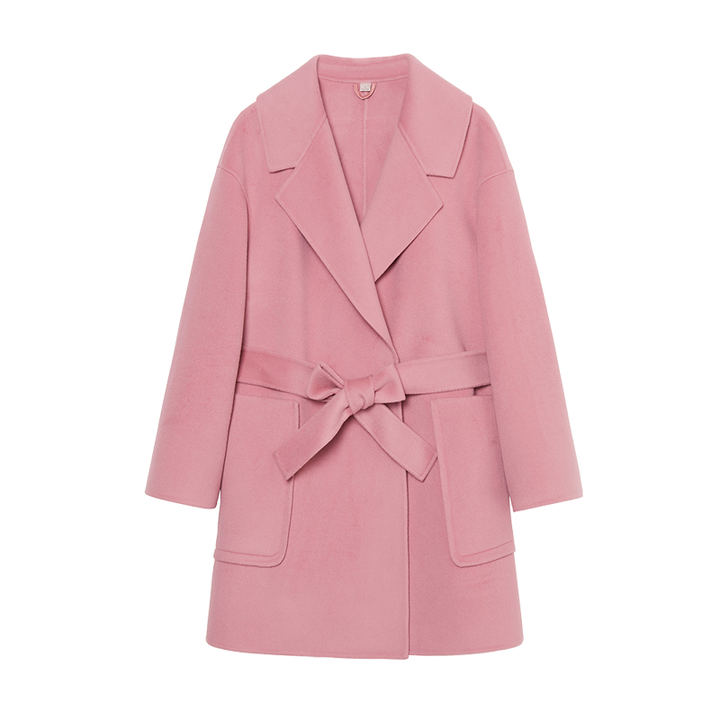 高端粉色双面羊绒大衣女短款小个子2022秋冬新款时尚系带毛呢外套