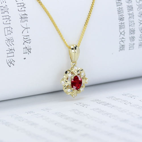18K黄金天然鸽血红宝石吊坠锁骨链 彩金镶嵌钻石项链女款复古送礼 - 图1