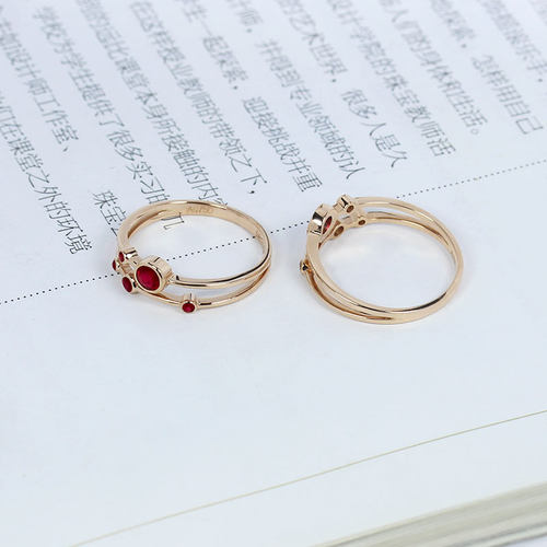 18K玫瑰金天然鸽血红宝石星球行星戒指 彩金包镶钻石双层分叉女款 - 图0