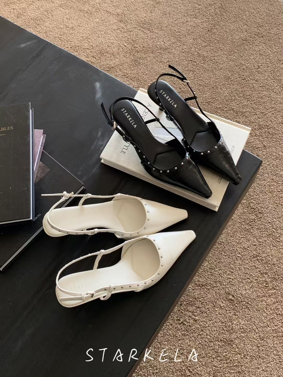 StarKeLa2025春新款金属钉尖头浅口中高跟包脚一字扣带凉鞋女单鞋 - 图0