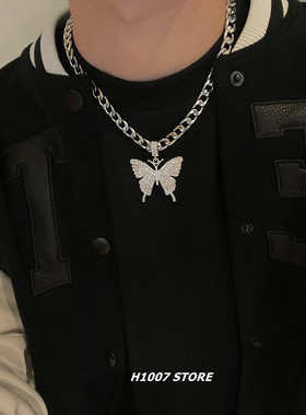 满钻蝴蝶古巴男士项链女