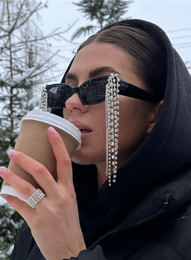 时髦小框方形墨镜时尚奢华夸张水钻链条流苏凹造型街拍太阳眼镜潮