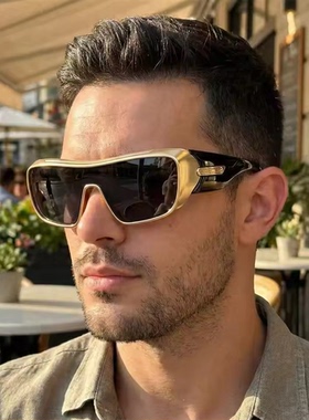 2026新款时尚太阳镜酷炫连体金属描边墨镜朋克未来感凹造型眼镜男