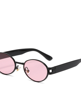 美式黑色金属小框圆脸墨镜女高级感椭圆形防晒度假凹造型太阳眼镜