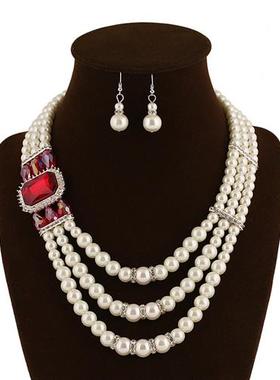 民族风多层仿珍珠女项链 necklace set earrings women  pearl