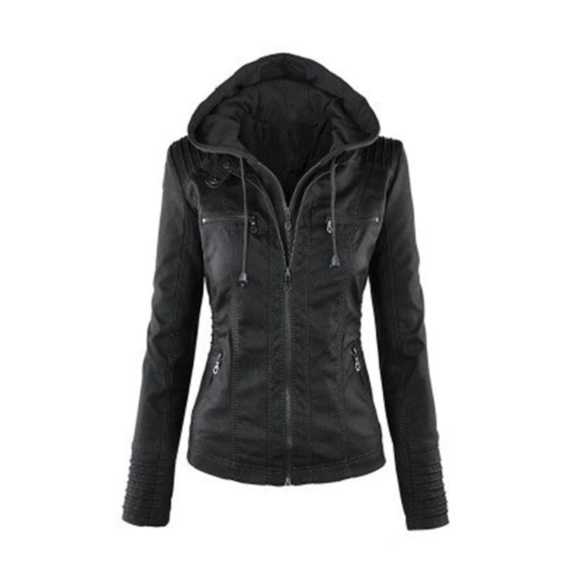 Jacket Women Euro Hood zipper coat Leather clothing皮夹克女-图0