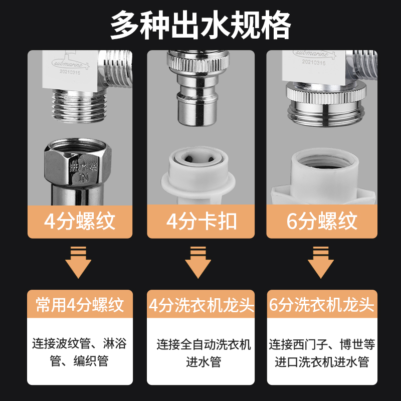 潜水艇洗衣机水龙头三通一分二接头止水进水管一进二出分流分水阀-图3