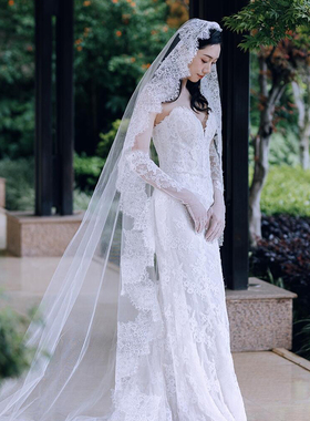 超浪漫蕾丝婚纱头纱绝美大拖尾~