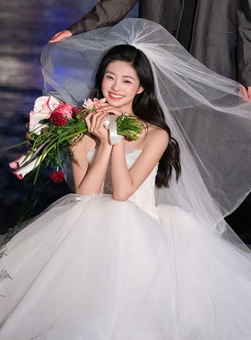超仙简约头纱新娘主婚纱气质白色