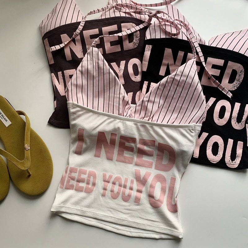 美式辣妹字母印花无袖抹胸女2025夏季条纹挂脖吊带内搭上衣两件套,淘宝优惠券,粉丝福利购,淘宝优惠卷