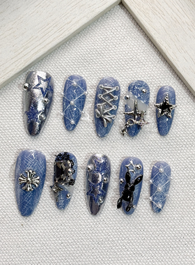 蓝色磨砂牛仔手工穿戴甲显白短方