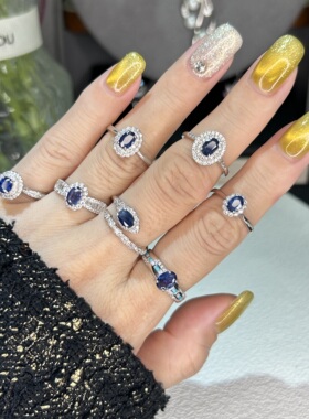 天然蓝宝石戒指女S925纯银简约