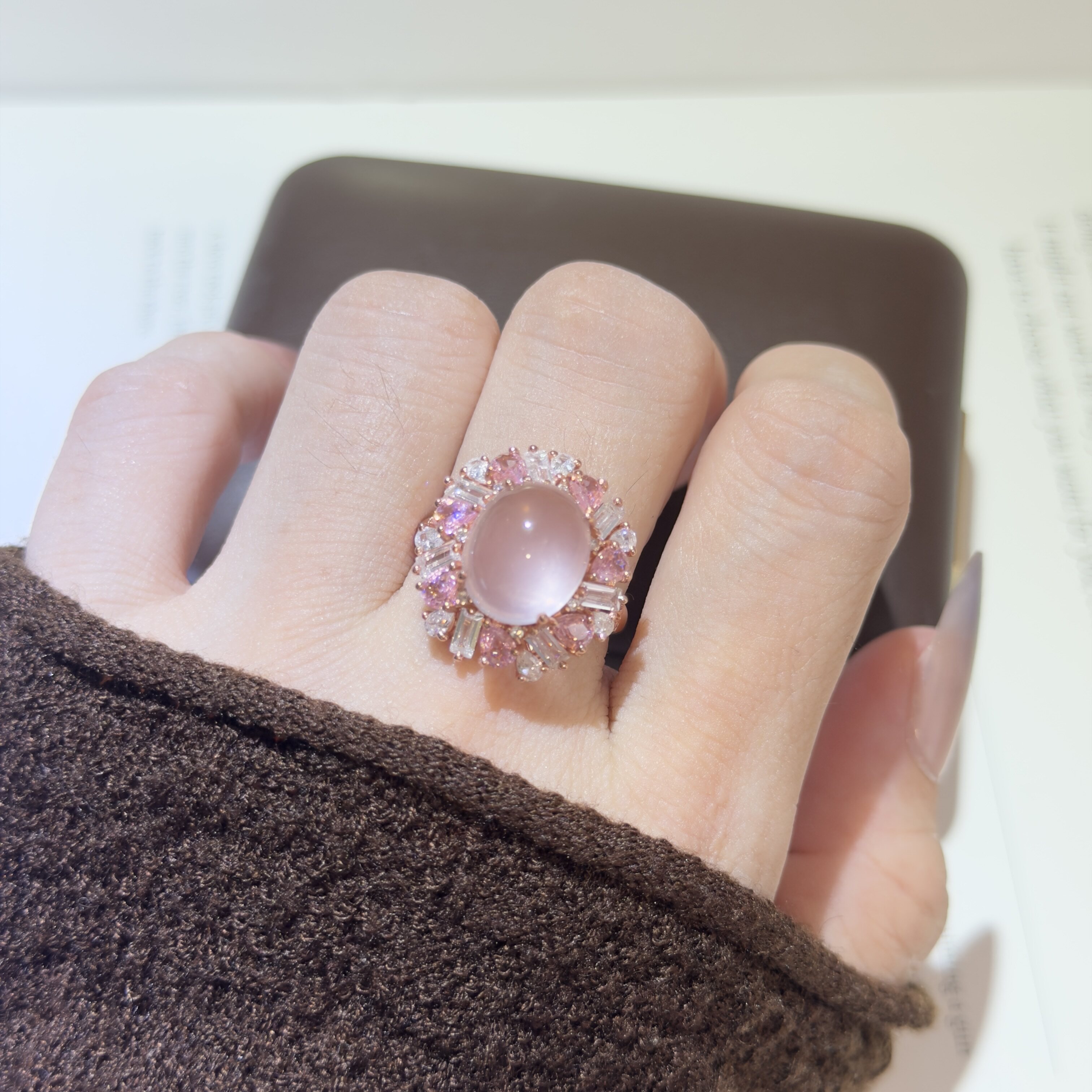 Starlight pink quartz ring and pendant set is a luxurious gift for your girlfriend