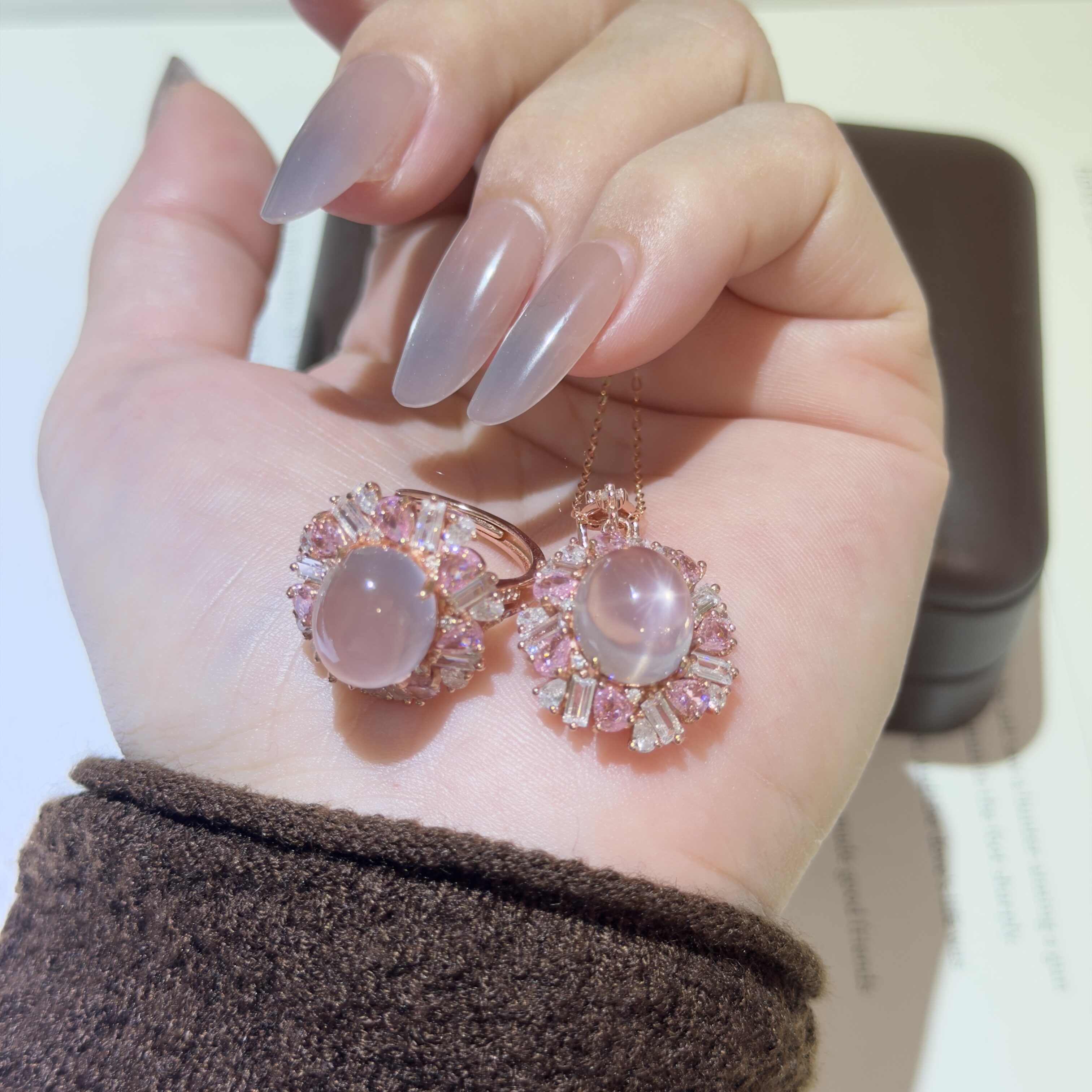 Starlight pink quartz ring and pendant set is a luxurious gift for your girlfriend