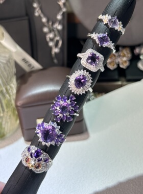 天然紫水晶925银镶钻开口戒指