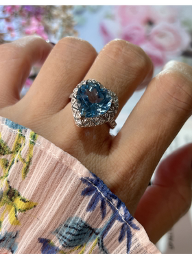 天然天空蓝托帕石戒指吊坠项链女S925纯银轻奢海洋之心送女友礼物