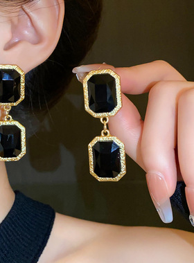 欧美夸张方形几何水晶项链耳环复古宫廷风锁骨链高级感中古耳钉