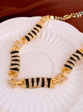 中古vintage豹纹镶钻项锁骨链时尚设计感手链气质轻奢高级感耳钉