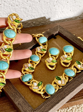 中古风vintage天然石项链夸张大气场复古手链绿松石铜镀真金耳环