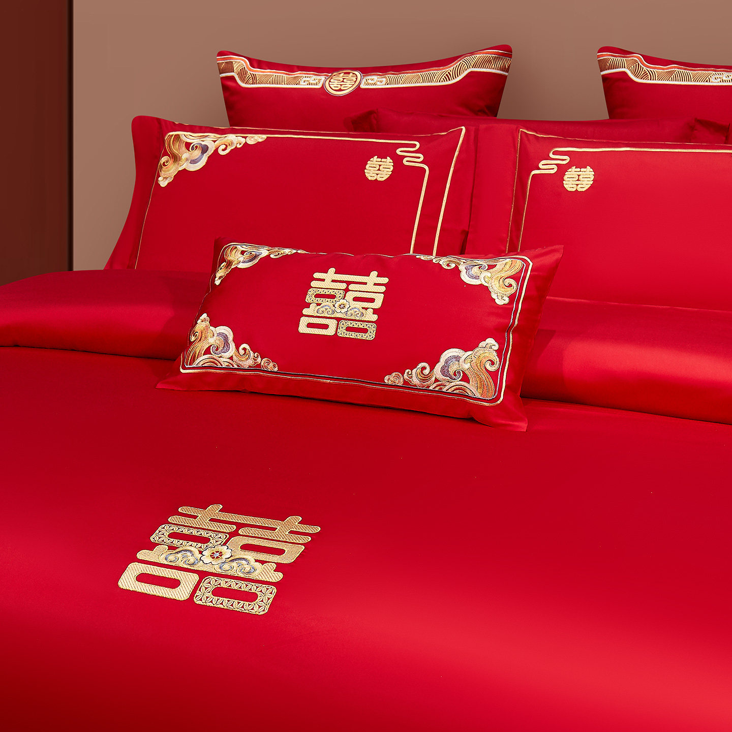 富丽真金纯棉婚庆四件套中式刺绣喜庆大红结婚床上用品红鸾天囍,淘宝优惠券,粉丝福利购,淘宝优惠卷