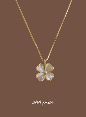 okk pine 韩系简约风玻璃猫眼石幸运草气质锁骨链李兰迪同款项链