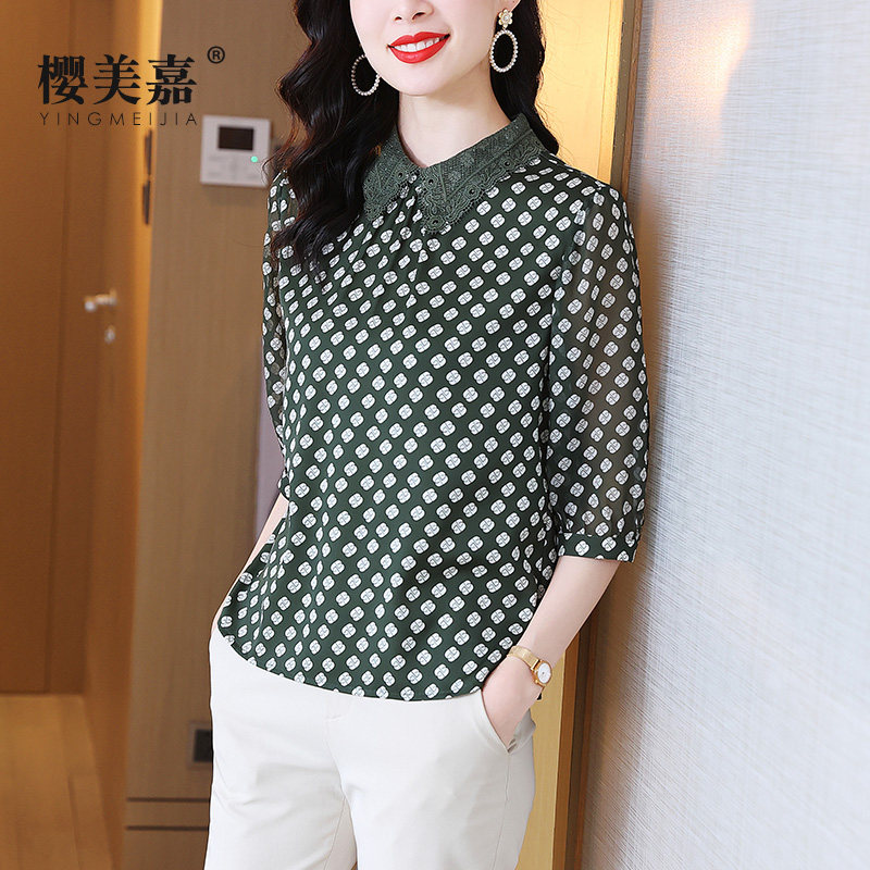 樱美嘉夏季新款印花蕾丝娃娃领衬衣 樱美嘉衬衫