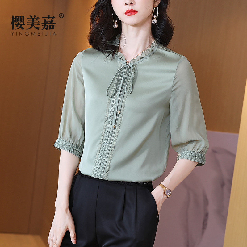 樱美嘉蕾丝花边短袖女夏木耳领衬衫 樱美嘉衬衫