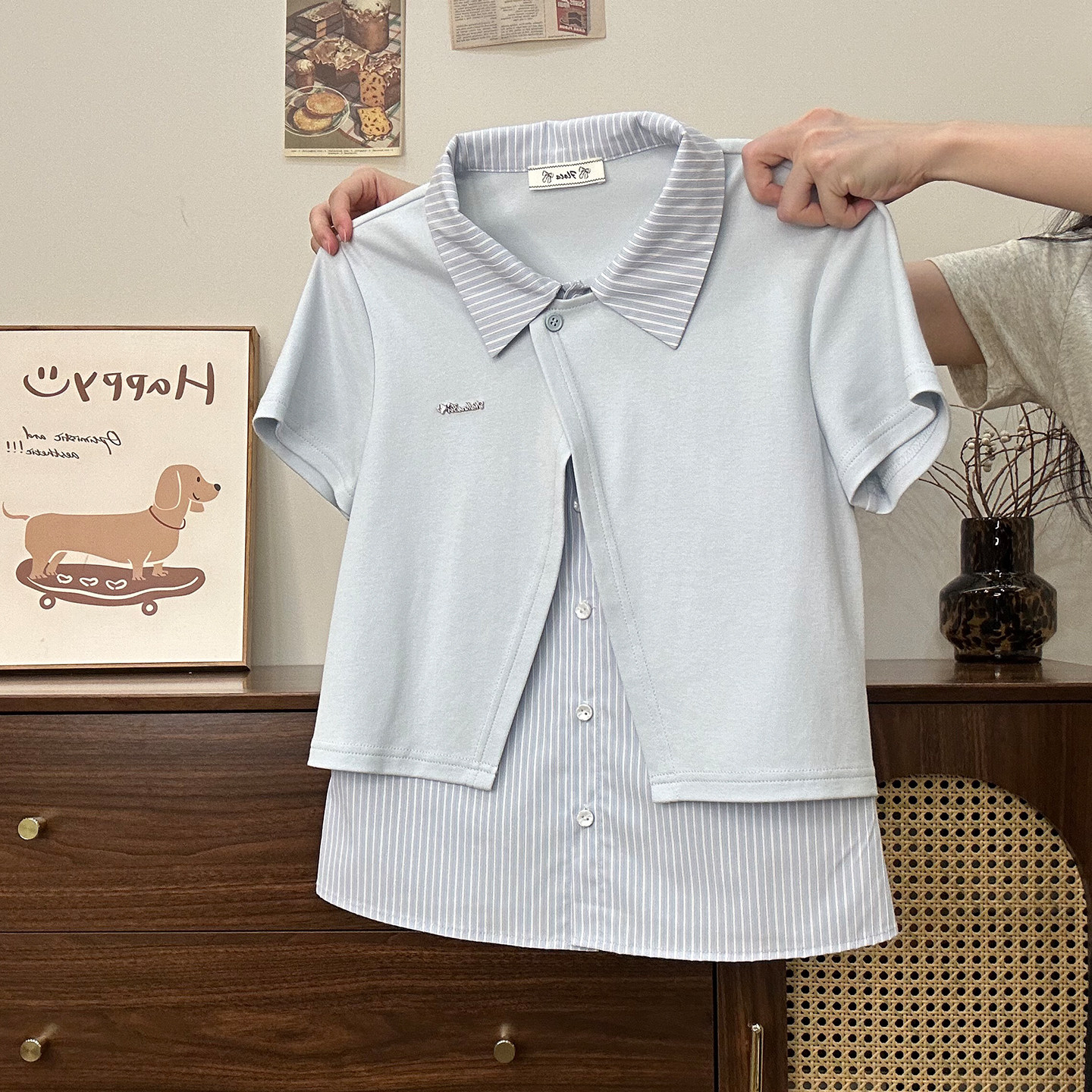 奶油的宇宙 格纹拼接假两件polo领短袖T恤女日系学院风修身短上衣,淘宝优惠券,粉丝福利购,淘宝优惠卷