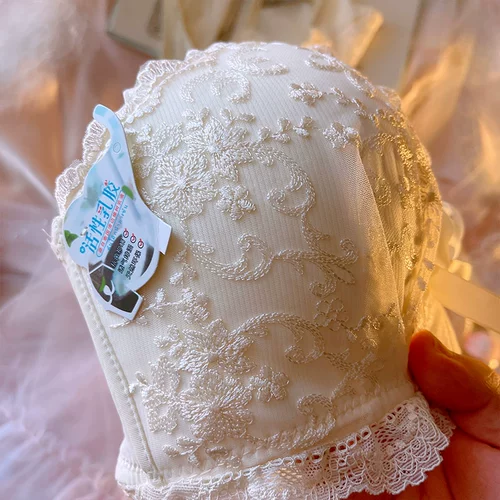 Кружевное нижнее белье, латексный поддерживающий бюстгальтер пуш-ап, кремовый белый бюстгальтер-топ, комплект, бюстгалтер, с вышивкой