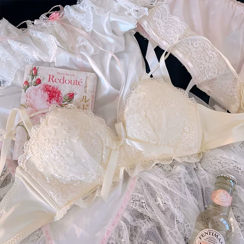 Кружевное нижнее белье, латексный поддерживающий бюстгальтер пуш-ап, кремовый белый бюстгальтер-топ, комплект, бюстгалтер, с вышивкой