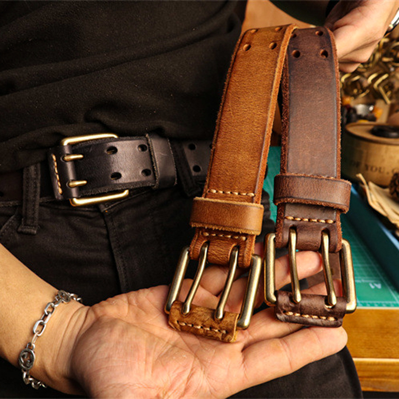 新款时尚个性男士双针扣意大利牛皮皮带复古镂空美式百搭裤腰潮流 - 图0