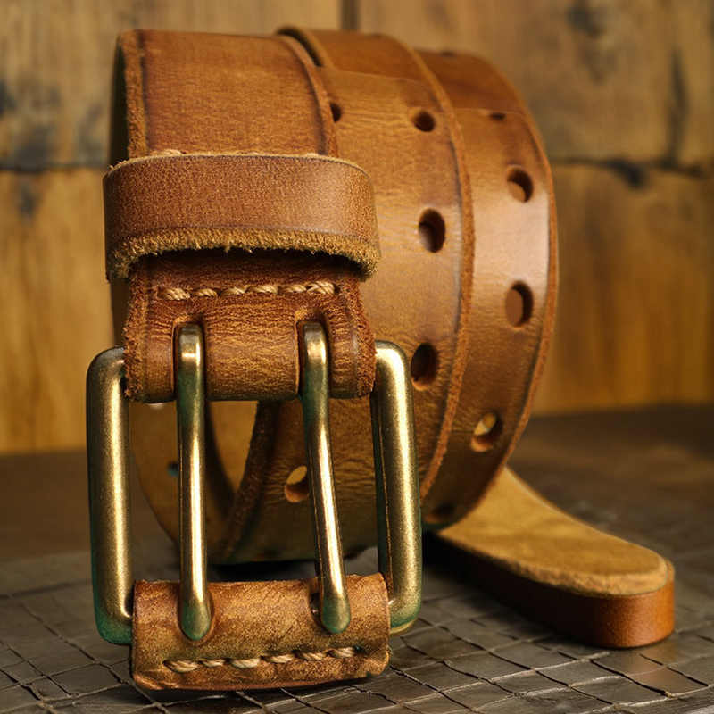 新款时尚个性男士双针扣意大利牛皮皮带复古镂空美式百搭裤腰潮流 - 图2