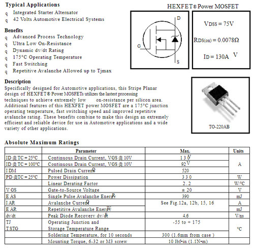 原装进口拆机 IRF1407 F1407 TO-220 75V130A大电流MOS场效应管 - 图3
