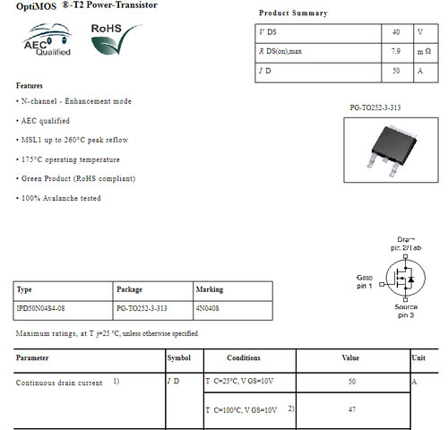 原字码 IPD50N04S4-08 4N0408 4N04L08贴片TO-252 MOS管N沟道40V - 图1