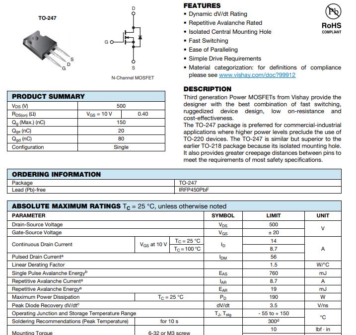 原装进口拆机原字 IRFP450 IRFP450A IRFP450LC 场效应管 TO-247 - 图3