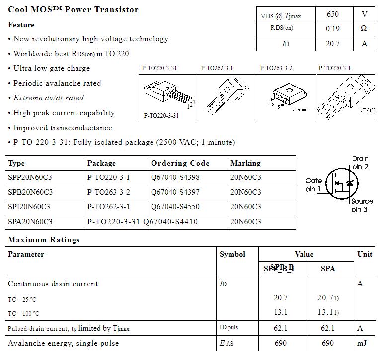 原装进口拆机原字SPA20N60C3 20N60C3 塑封20N60 TO-220F测好 - 图1