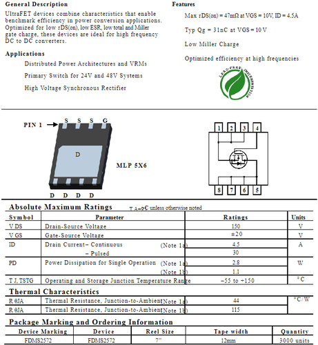 原装进口拆机 FDMS2572 DFN5x6-8 N沟道 场效应管 150V 27A - 图2