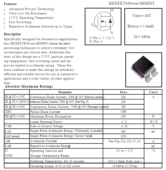 IRF2804S-7P AUF2804S-7P F2804S-7P大功率40V贴片MOS管全测全检 - 图3