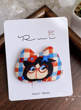 Rui手作手缝格纹猫咪布艺发夹