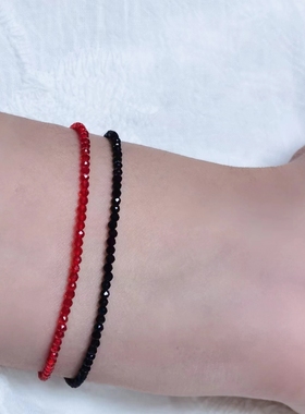 2mm极细黄水晶黑尖晶手链女桃花粉红色水晶简约小众切面珠