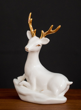 一鹿高升陶瓷摆件对牛现代家居装