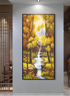 手绘欧式山水风景油画小鹿别墅